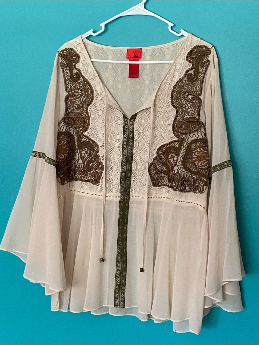 Embroidered Bell Sleeve Semi Sheer Blouse XL